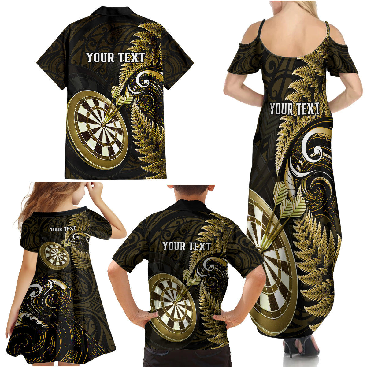 Personalised New Zealand Darts Family Matching Summer Maxi Dress and Hawaiian Shirt Happiness Is A Tight Threesome Maori Gold - Wonder Print Shop