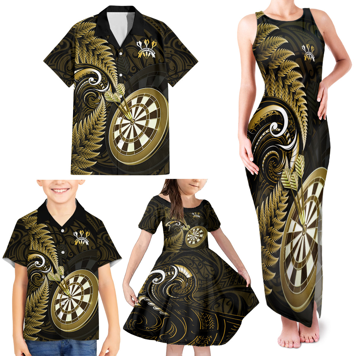 Personalised New Zealand Darts Family Matching Tank Maxi Dress and Hawaiian Shirt Happiness Is A Tight Threesome Maori Gold - Wonder Print Shop