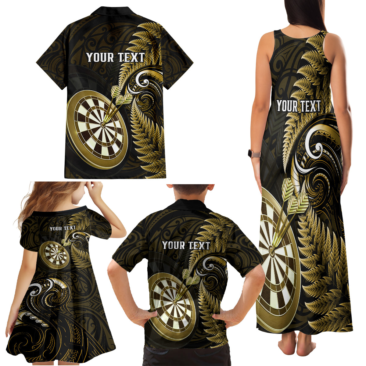 Personalised New Zealand Darts Family Matching Tank Maxi Dress and Hawaiian Shirt Happiness Is A Tight Threesome Maori Gold - Wonder Print Shop