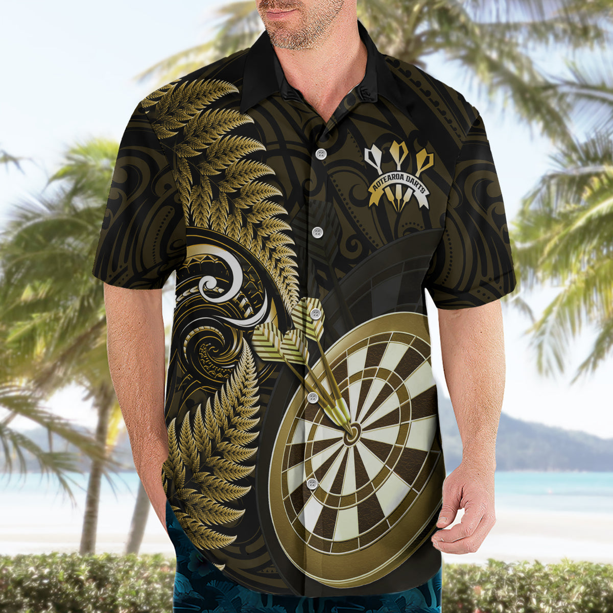 Personalised New Zealand Darts Hawaiian Shirt Happiness Is A Tight Threesome Maori Gold - Wonder Print Shop
