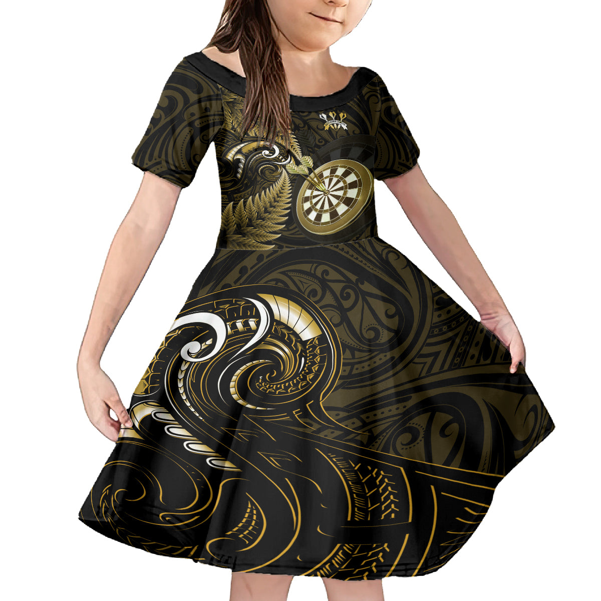 Personalised New Zealand Darts Kid Short Sleeve Dress Happiness Is A Tight Threesome Maori Gold - Wonder Print Shop