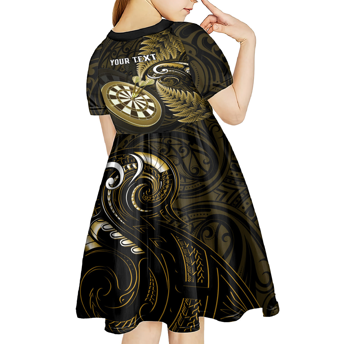 Personalised New Zealand Darts Kid Short Sleeve Dress Happiness Is A Tight Threesome Maori Gold - Wonder Print Shop