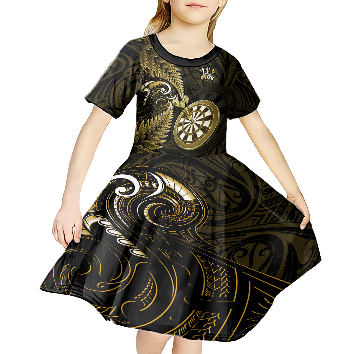 Personalised New Zealand Darts Kid Short Sleeve Dress Happiness Is A Tight Threesome Maori Gold - Wonder Print Shop