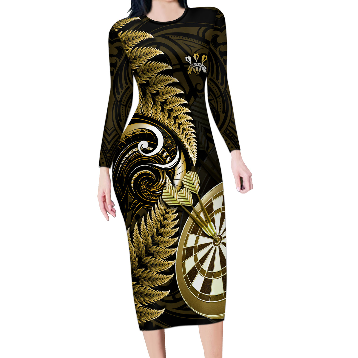 Personalised New Zealand Darts Long Sleeve Bodycon Dress Happiness Is A Tight Threesome Maori Gold - Wonder Print Shop