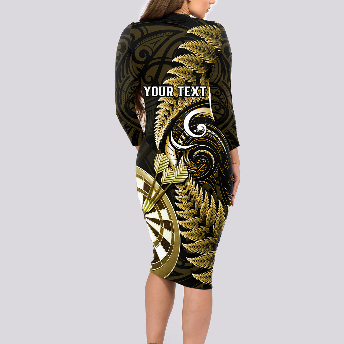 Personalised New Zealand Darts Long Sleeve Bodycon Dress Happiness Is A Tight Threesome Maori Gold - Wonder Print Shop