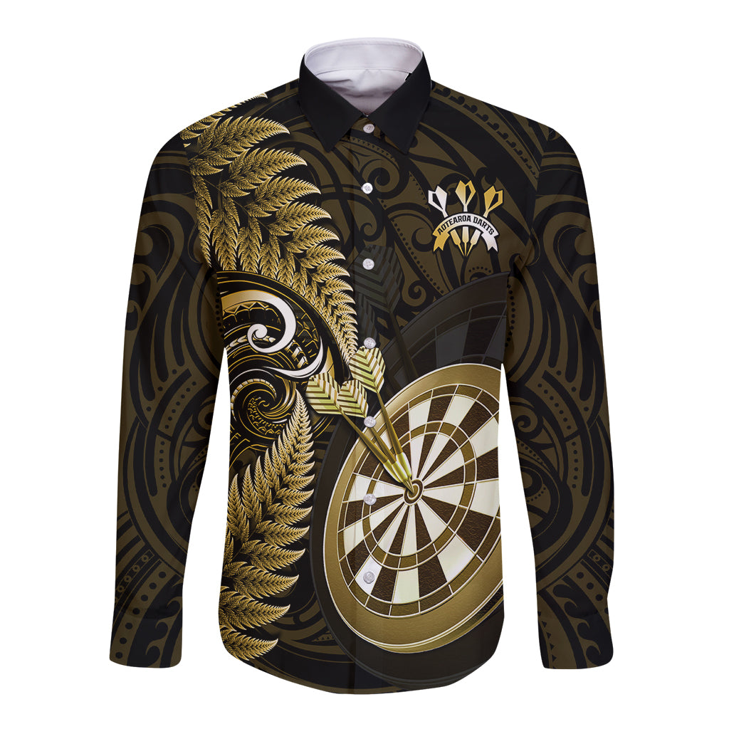 Personalised New Zealand Darts Long Sleeve Button Shirt Happiness Is A Tight Threesome Maori Gold - Wonder Print Shop