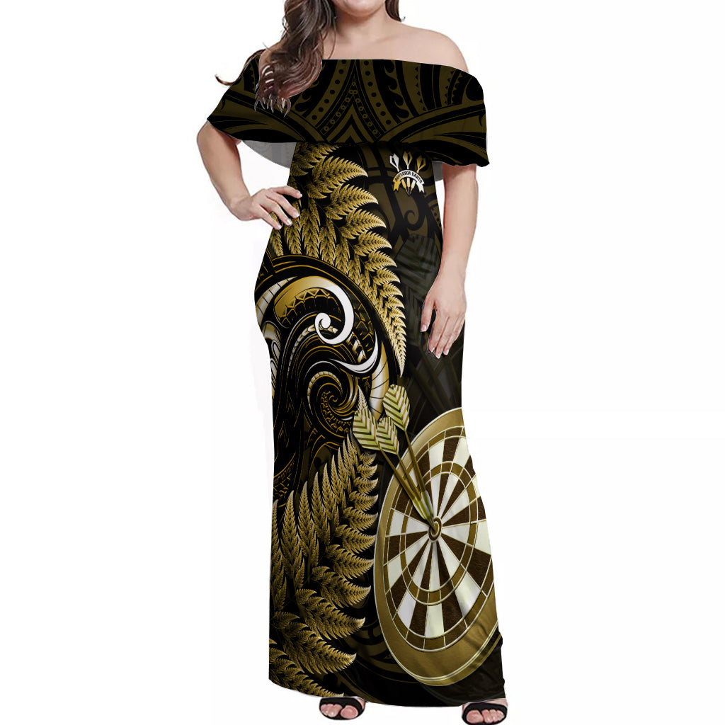 Personalised New Zealand Darts Off Shoulder Maxi Dress Happiness Is A Tight Threesome Maori Gold - Wonder Print Shop