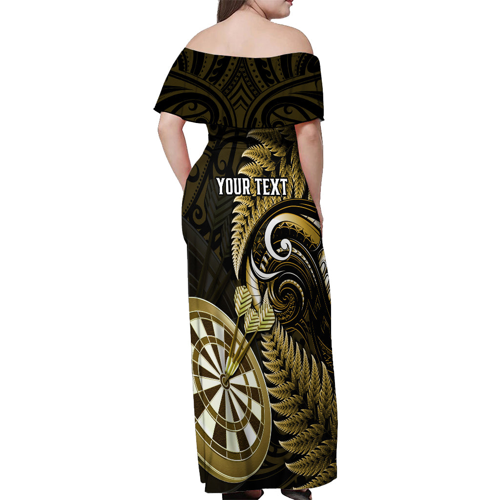 Personalised New Zealand Darts Off Shoulder Maxi Dress Happiness Is A Tight Threesome Maori Gold - Wonder Print Shop