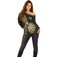 Personalised New Zealand Darts Off Shoulder Sweater Happiness Is A Tight Threesome Maori Gold - Wonder Print Shop