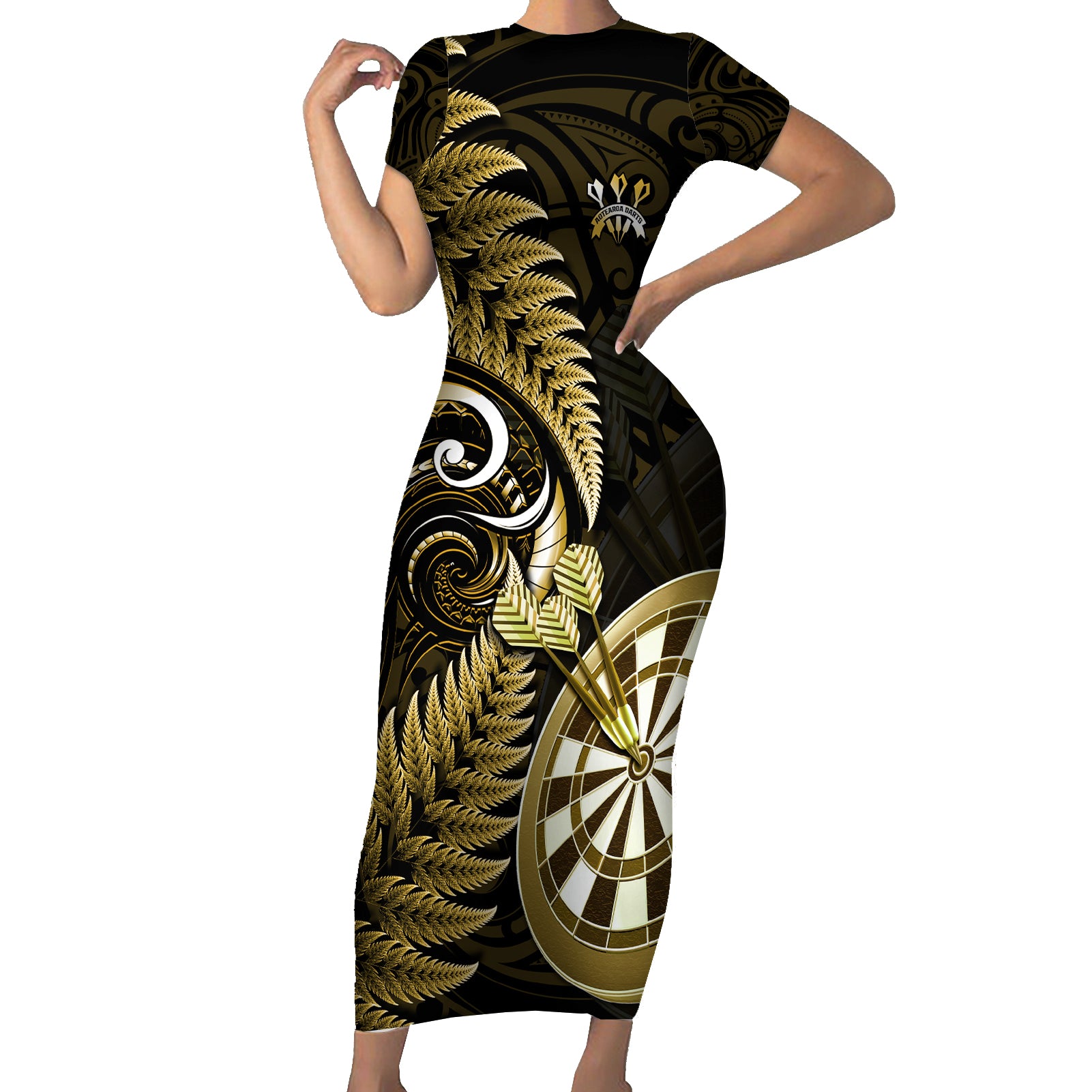 Personalised New Zealand Darts Short Sleeve Bodycon Dress Happiness Is A Tight Threesome Maori Gold - Wonder Print Shop