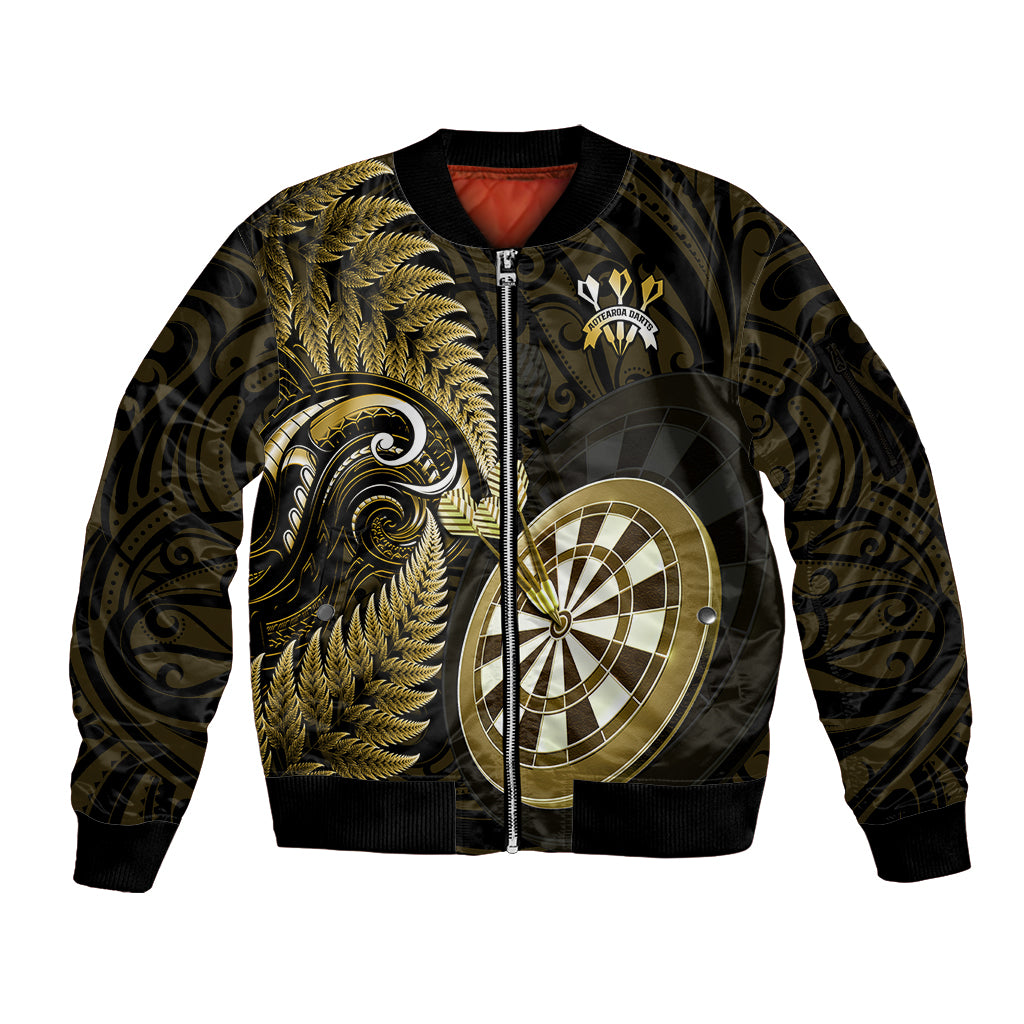 Personalised New Zealand Darts Sleeve Zip Bomber Jacket Happiness Is A Tight Threesome Maori Gold - Wonder Print Shop