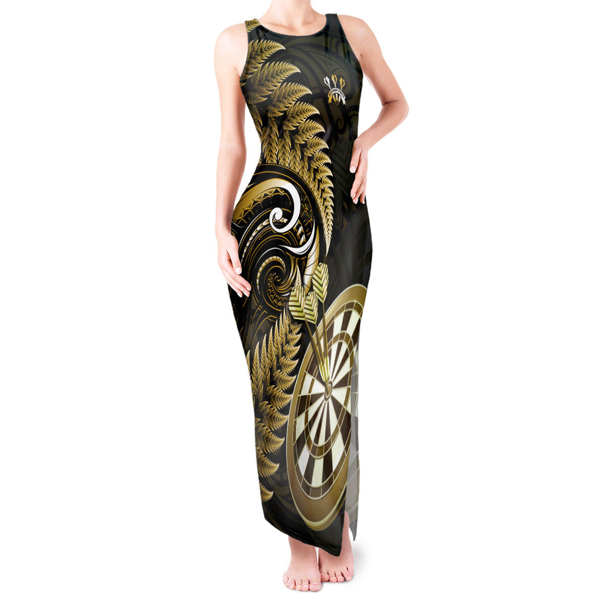 Personalised New Zealand Darts Tank Maxi Dress Happiness Is A Tight Threesome Maori Gold - Wonder Print Shop