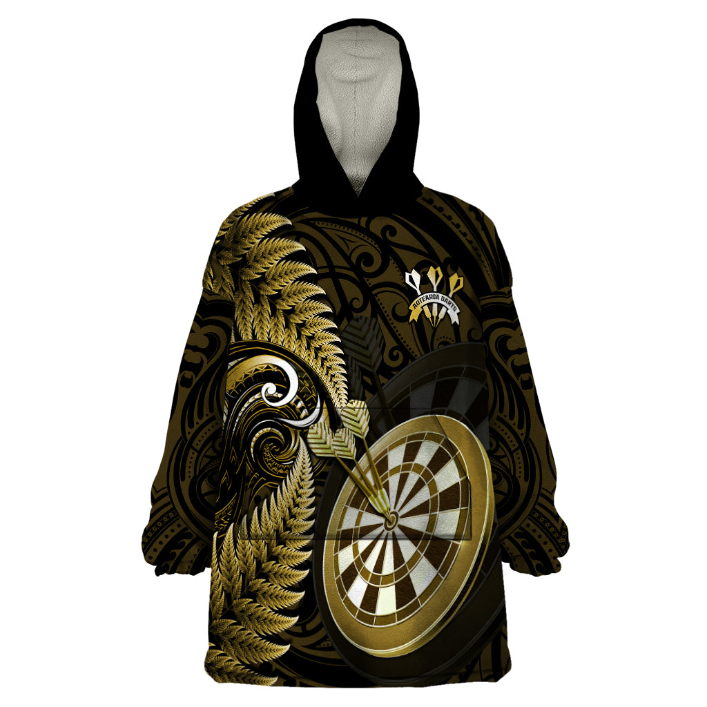 Personalised New Zealand Darts Wearable Blanket Hoodie Happiness Is A Tight Threesome Maori Gold - Wonder Print Shop