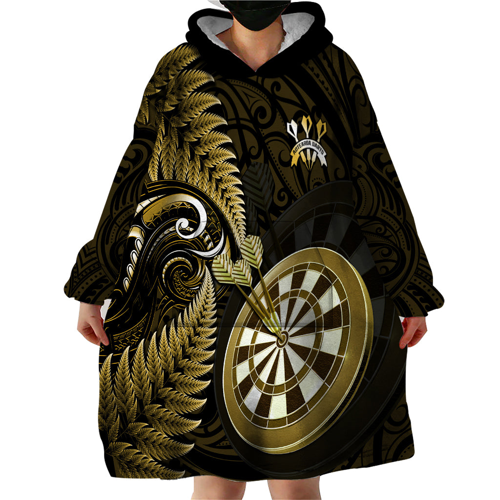 Personalised New Zealand Darts Wearable Blanket Hoodie Happiness Is A Tight Threesome Maori Gold - Wonder Print Shop