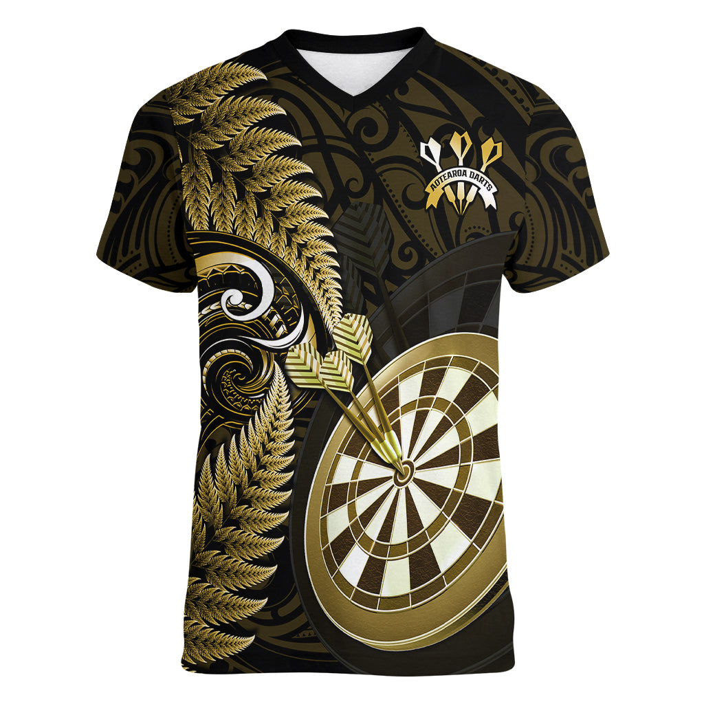 Personalised New Zealand Darts Women V Neck T Shirt Happiness Is A Tight Threesome Maori Gold - Wonder Print Shop