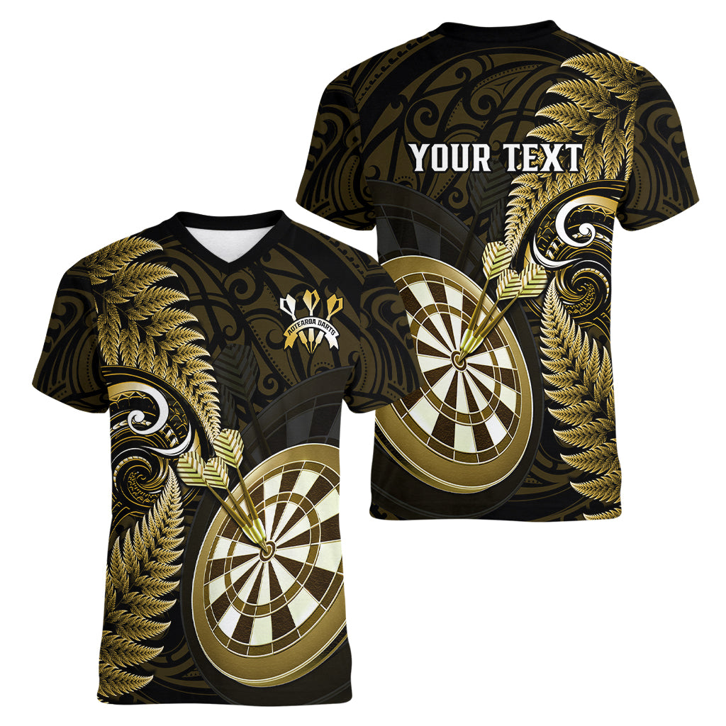 Personalised New Zealand Darts Women V Neck T Shirt Happiness Is A Tight Threesome Maori Gold - Wonder Print Shop