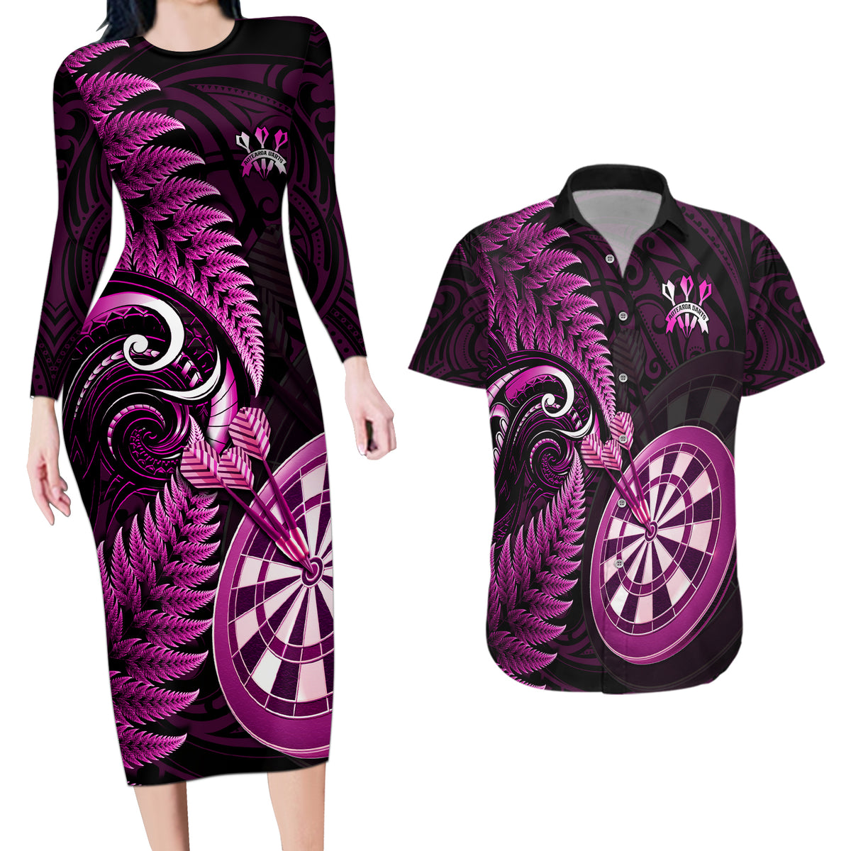 New Zealand Darts Couples Matching Long Sleeve Bodycon Dress and Hawaiian Shirt Happiness Is A Tight Threesome Maori Pink - Wonder Print Shop