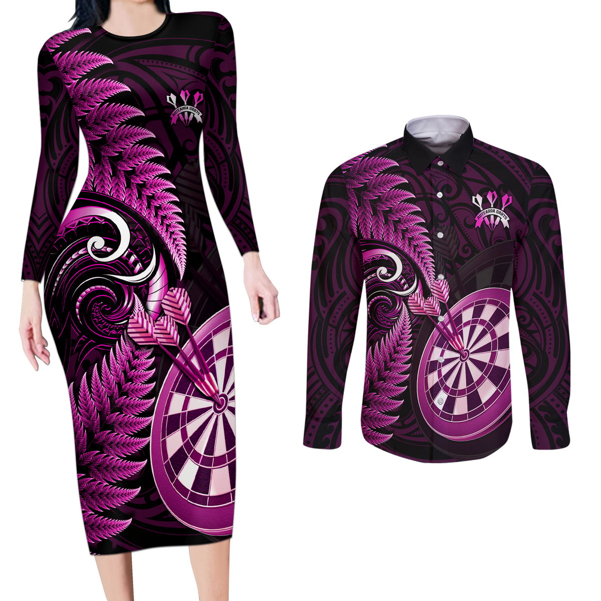 New Zealand Darts Couples Matching Long Sleeve Bodycon Dress and Long Sleeve Button Shirts Happiness Is A Tight Threesome Maori Pink - Wonder Print Shop