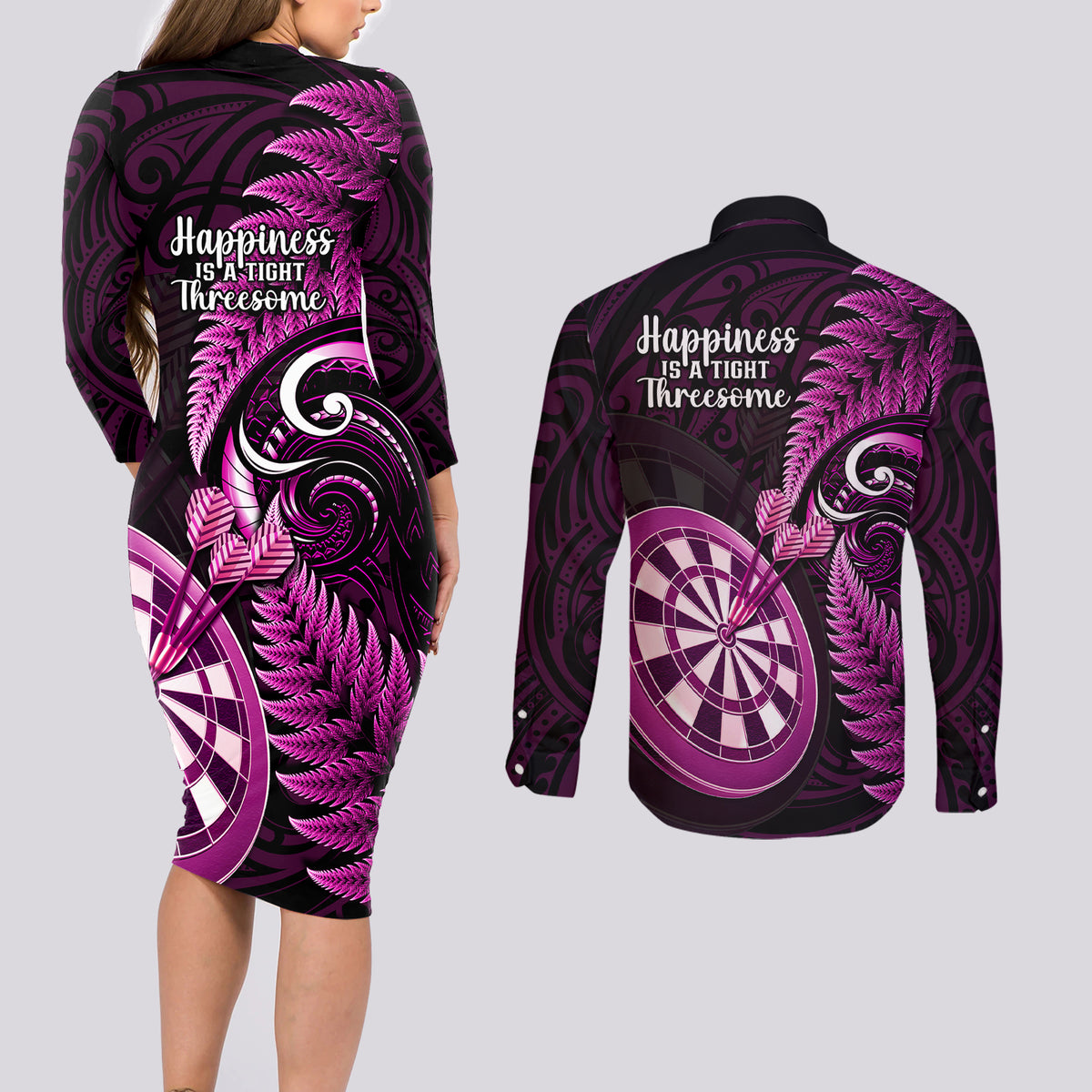 New Zealand Darts Couples Matching Long Sleeve Bodycon Dress and Long Sleeve Button Shirts Happiness Is A Tight Threesome Maori Pink - Wonder Print Shop