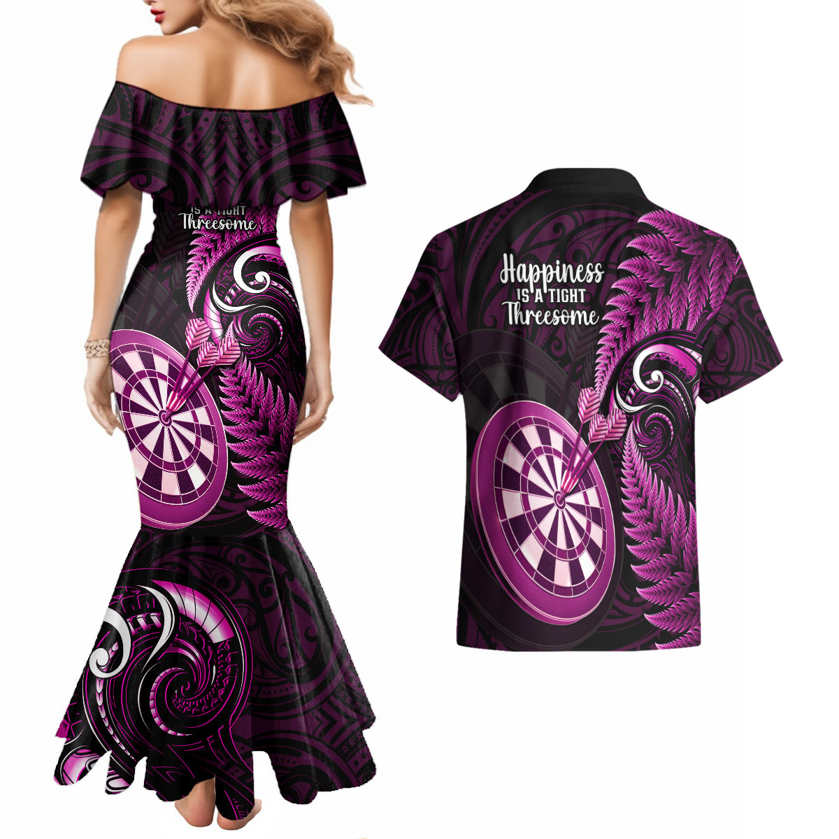New Zealand Darts Couples Matching Mermaid Dress and Hawaiian Shirt Happiness Is A Tight Threesome Maori Pink - Wonder Print Shop