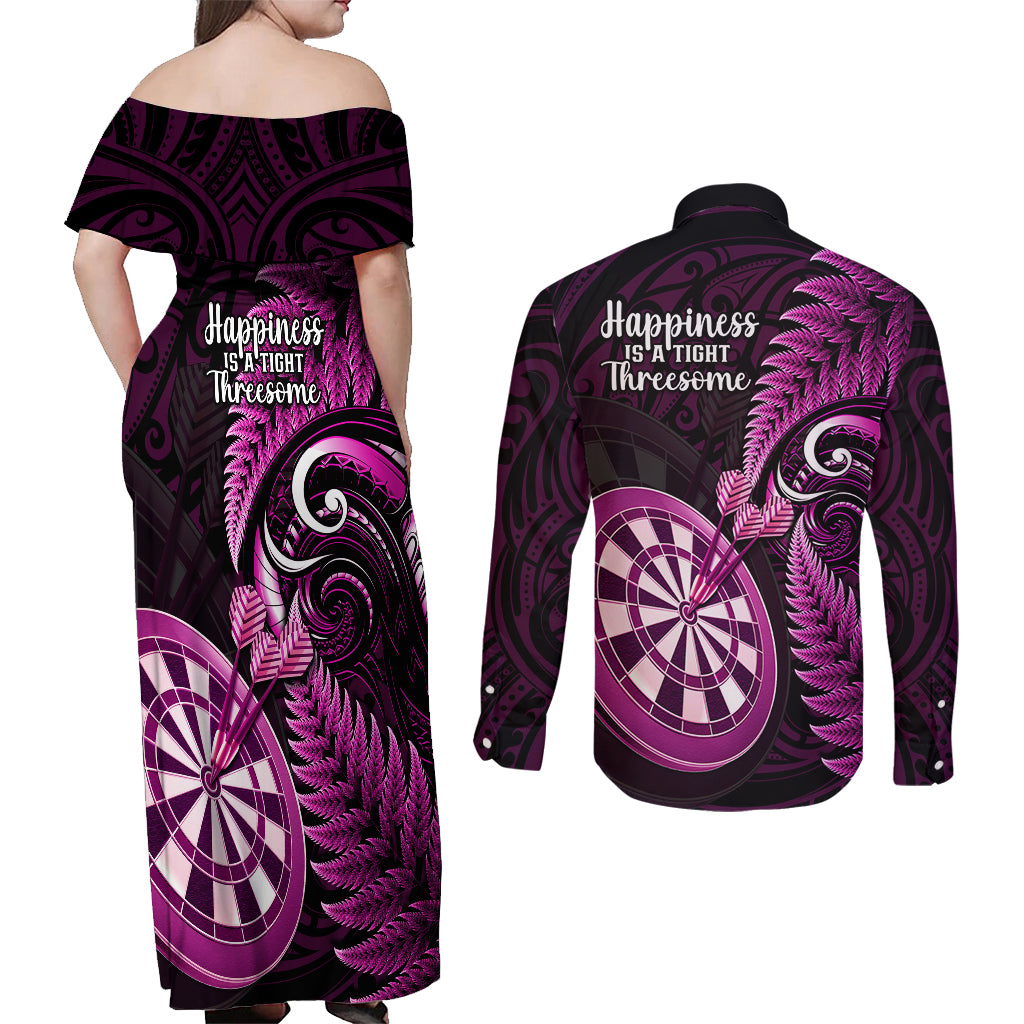 New Zealand Darts Couples Matching Off Shoulder Maxi Dress and Long Sleeve Button Shirts Happiness Is A Tight Threesome Maori Pink - Wonder Print Shop