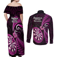 New Zealand Darts Couples Matching Off Shoulder Maxi Dress and Long Sleeve Button Shirts Happiness Is A Tight Threesome Maori Pink - Wonder Print Shop