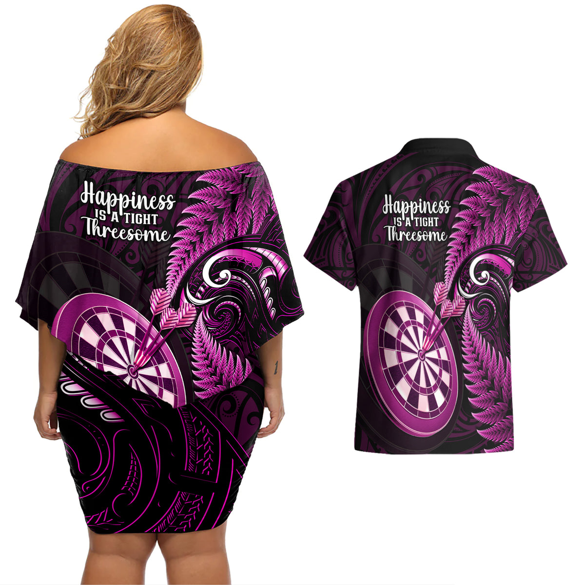 New Zealand Darts Couples Matching Off Shoulder Short Dress and Hawaiian Shirt Happiness Is A Tight Threesome Maori Pink - Wonder Print Shop