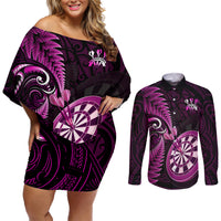 New Zealand Darts Couples Matching Off Shoulder Short Dress and Long Sleeve Button Shirts Happiness Is A Tight Threesome Maori Pink - Wonder Print Shop