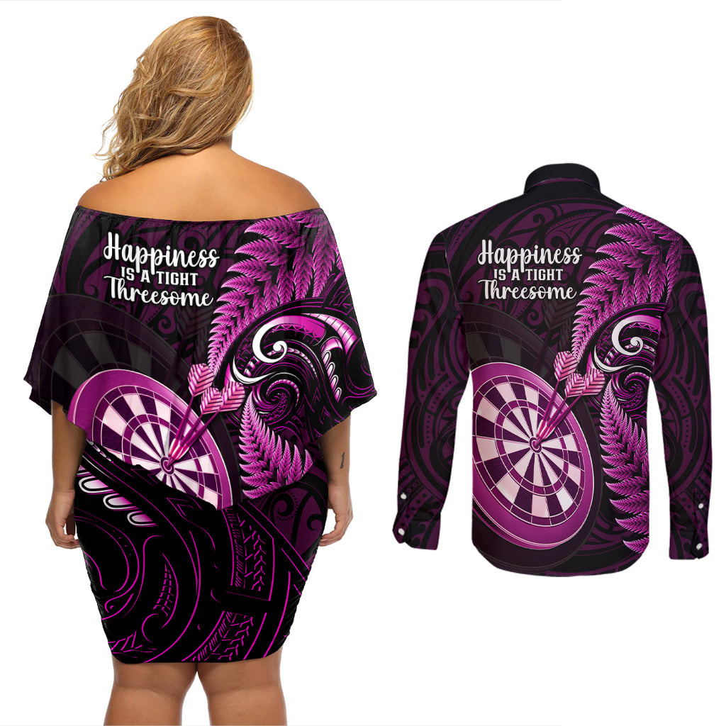 New Zealand Darts Couples Matching Off Shoulder Short Dress and Long Sleeve Button Shirts Happiness Is A Tight Threesome Maori Pink - Wonder Print Shop
