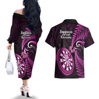 New Zealand Darts Couples Matching Off The Shoulder Long Sleeve Dress and Hawaiian Shirt Happiness Is A Tight Threesome Maori Pink - Wonder Print Shop