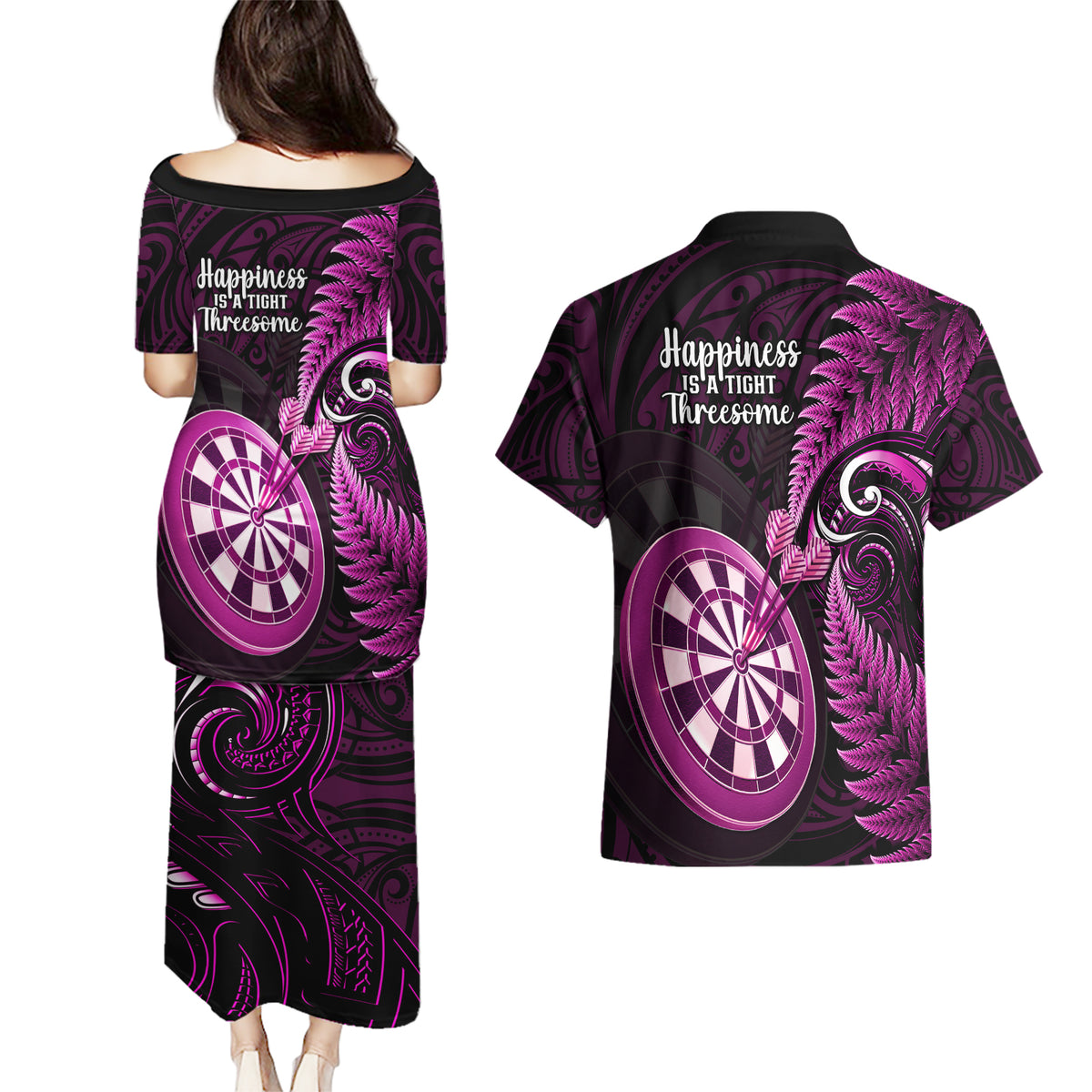 New Zealand Darts Couples Matching Puletasi Dress and Hawaiian Shirt Happiness Is A Tight Threesome Maori Pink - Wonder Print Shop
