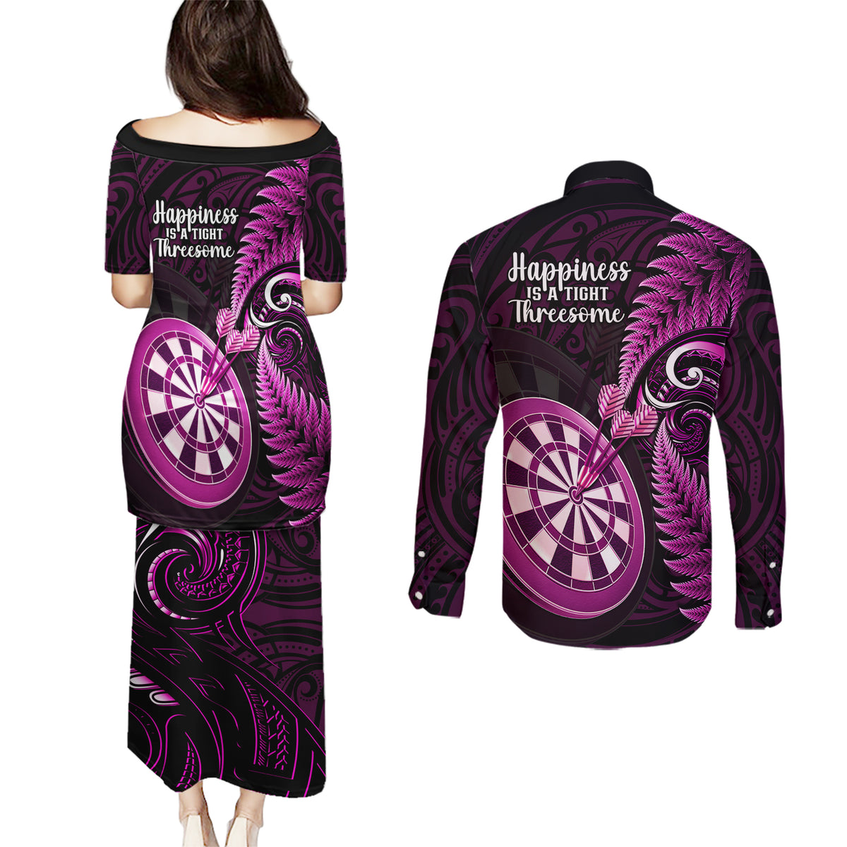 New Zealand Darts Couples Matching Puletasi Dress and Long Sleeve Button Shirts Happiness Is A Tight Threesome Maori Pink - Wonder Print Shop