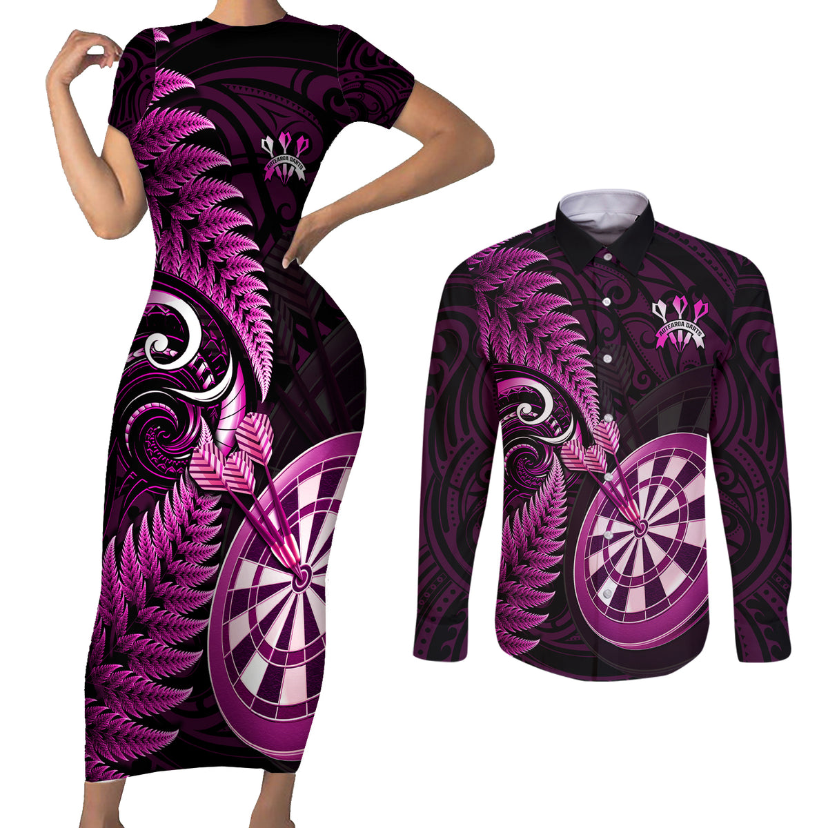 New Zealand Darts Couples Matching Short Sleeve Bodycon Dress and Long Sleeve Button Shirts Happiness Is A Tight Threesome Maori Pink - Wonder Print Shop