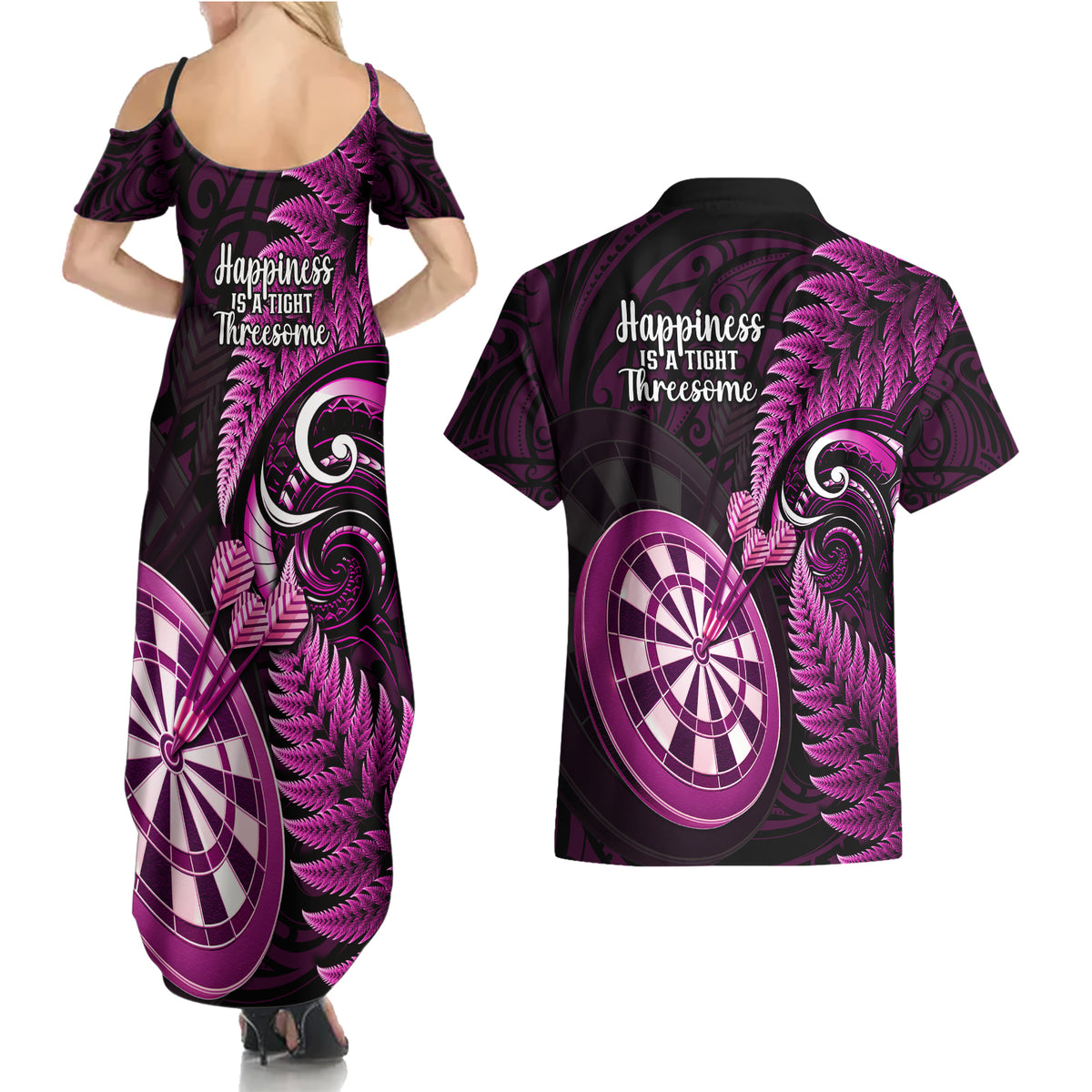 New Zealand Darts Couples Matching Summer Maxi Dress and Hawaiian Shirt Happiness Is A Tight Threesome Maori Pink - Wonder Print Shop