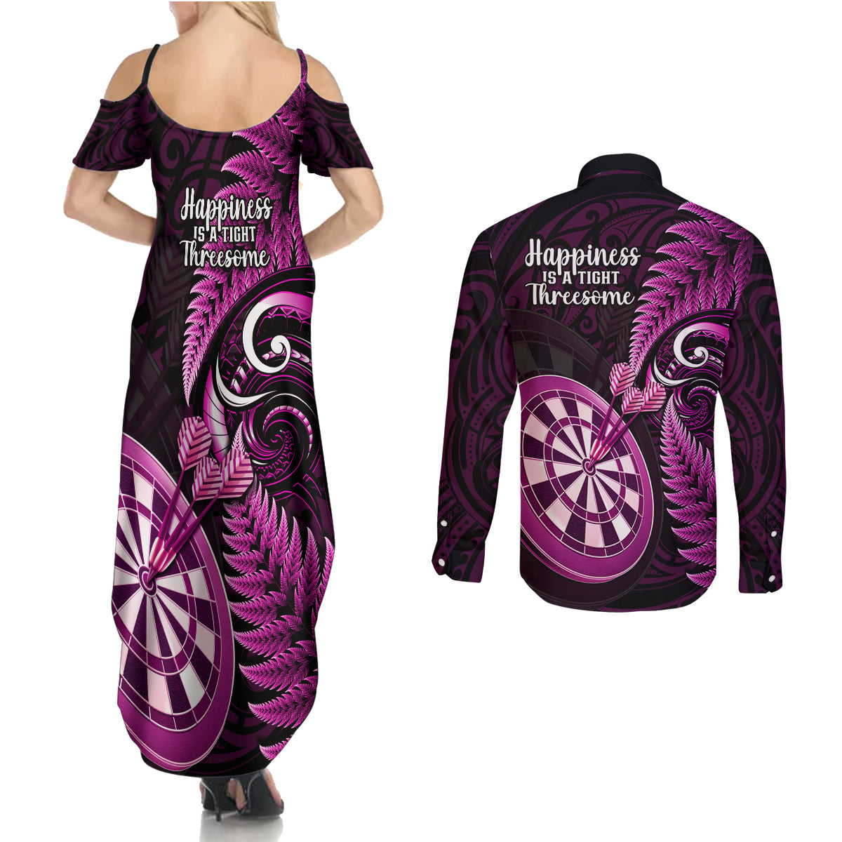 New Zealand Darts Couples Matching Summer Maxi Dress and Long Sleeve Button Shirts Happiness Is A Tight Threesome Maori Pink - Wonder Print Shop
