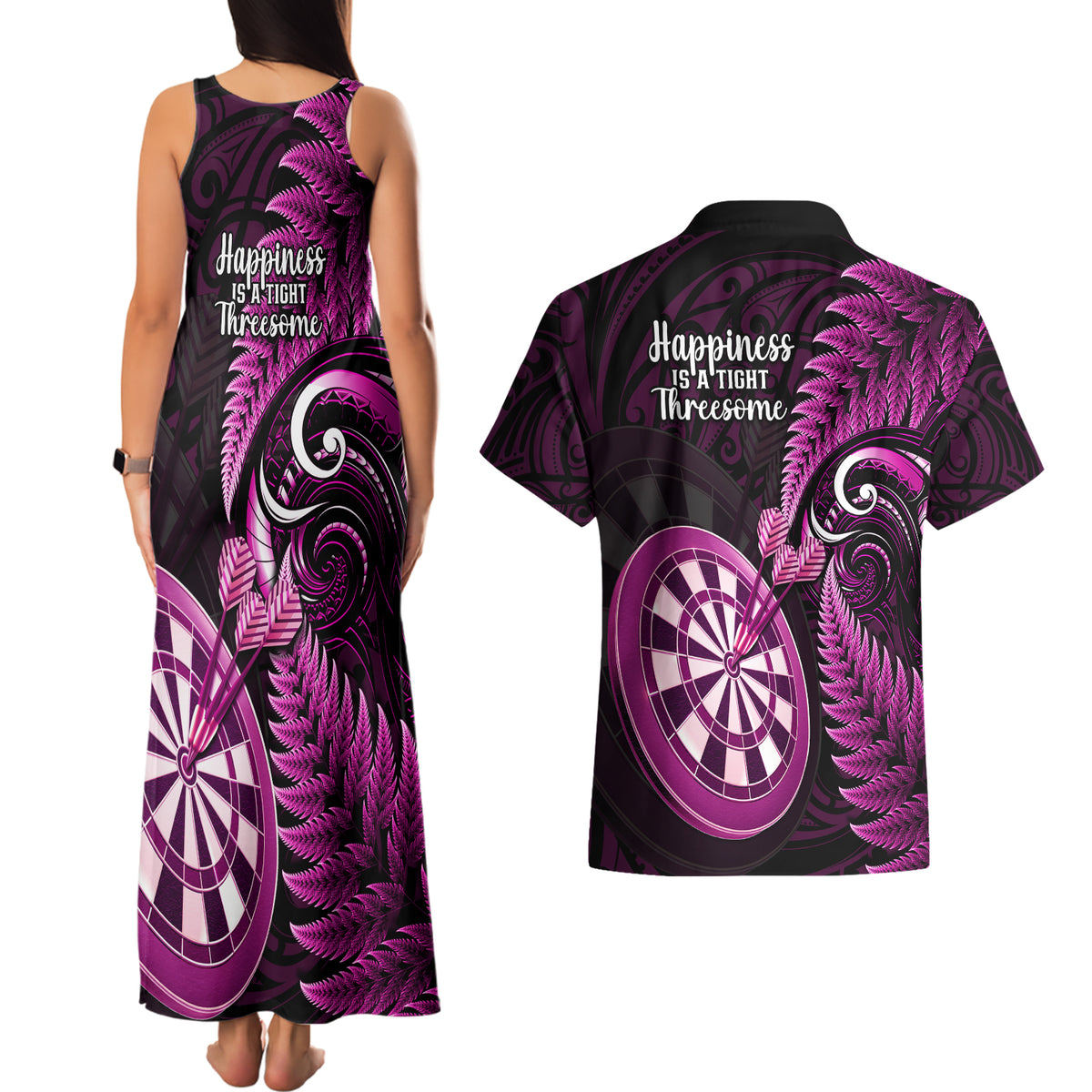 New Zealand Darts Couples Matching Tank Maxi Dress and Hawaiian Shirt Happiness Is A Tight Threesome Maori Pink - Wonder Print Shop