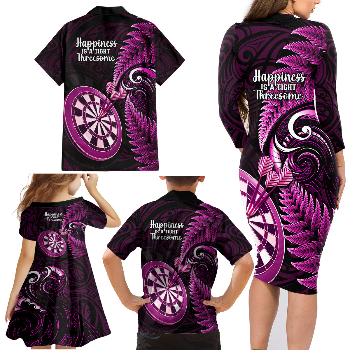 New Zealand Darts Family Matching Long Sleeve Bodycon Dress and Hawaiian Shirt Happiness Is A Tight Threesome Maori Pink - Wonder Print Shop