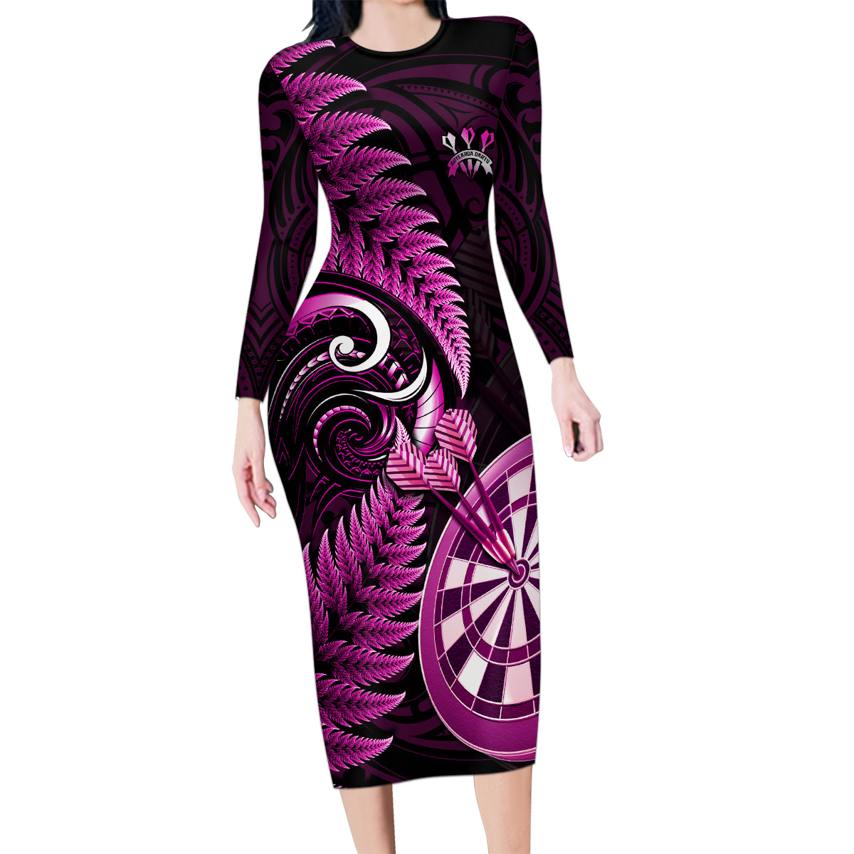 New Zealand Darts Family Matching Long Sleeve Bodycon Dress and Hawaiian Shirt Happiness Is A Tight Threesome Maori Pink - Wonder Print Shop
