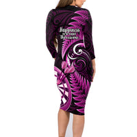 New Zealand Darts Family Matching Long Sleeve Bodycon Dress and Hawaiian Shirt Happiness Is A Tight Threesome Maori Pink - Wonder Print Shop
