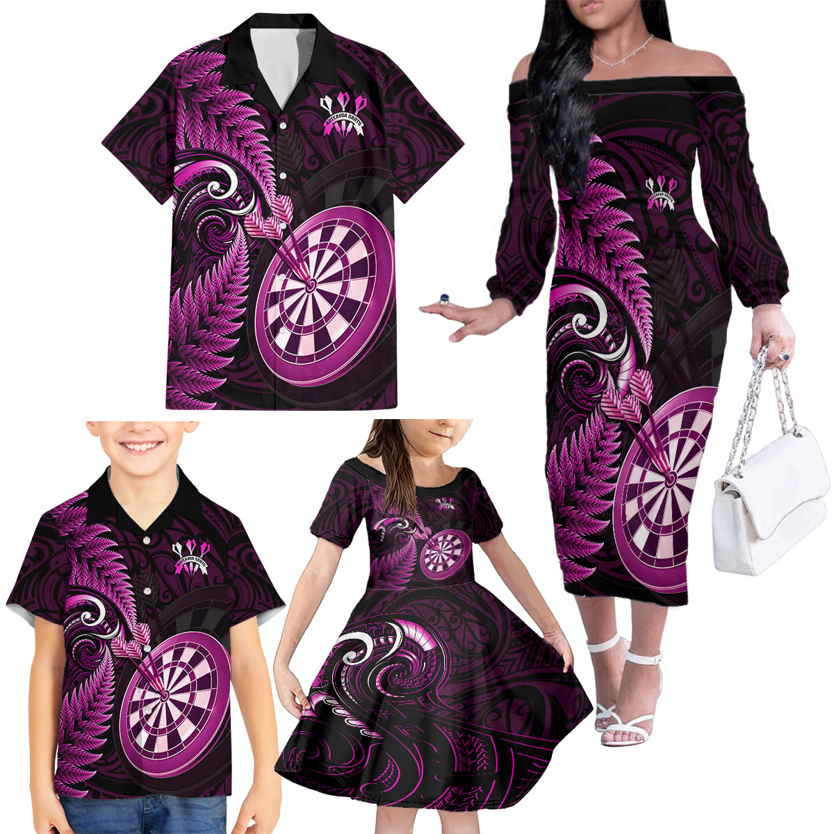New Zealand Darts Family Matching Off Shoulder Long Sleeve Dress and Hawaiian Shirt Happiness Is A Tight Threesome Maori Pink - Wonder Print Shop