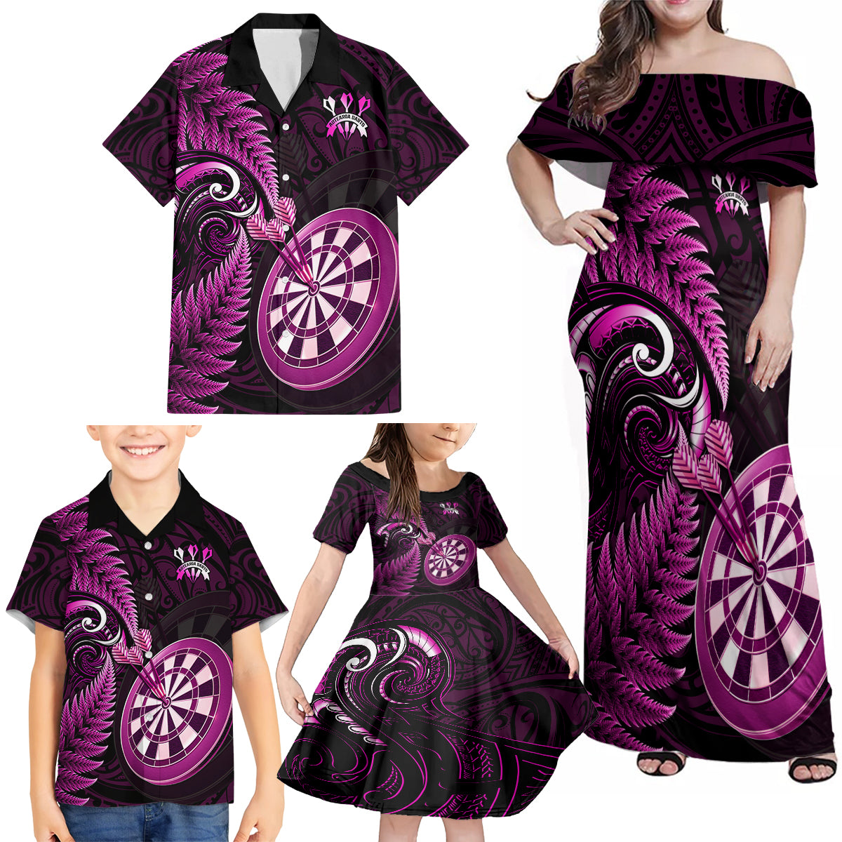 New Zealand Darts Family Matching Off Shoulder Maxi Dress and Hawaiian Shirt Happiness Is A Tight Threesome Maori Pink - Wonder Print Shop