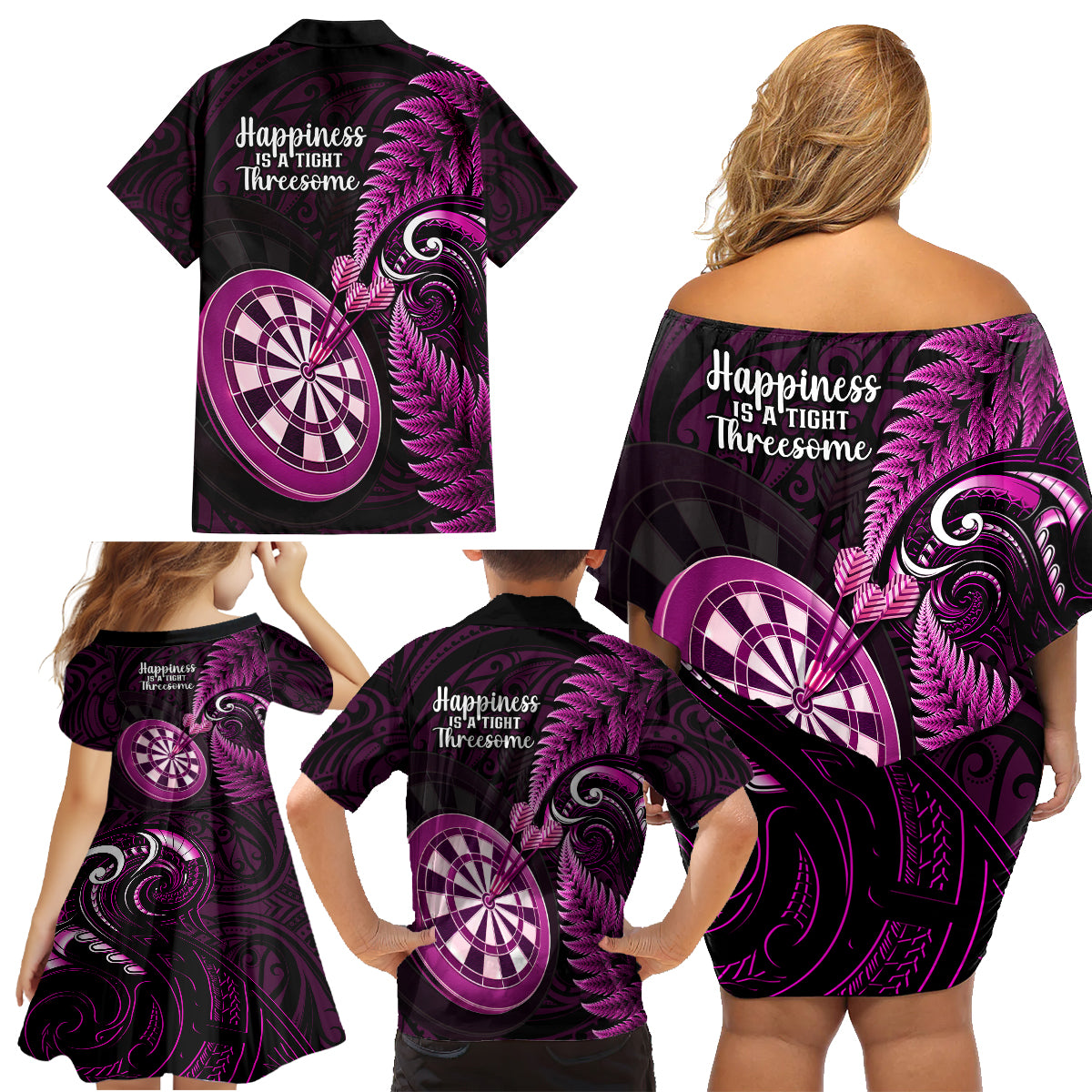 New Zealand Darts Family Matching Off Shoulder Short Dress and Hawaiian Shirt Happiness Is A Tight Threesome Maori Pink - Wonder Print Shop