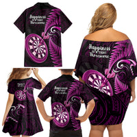 New Zealand Darts Family Matching Off Shoulder Short Dress and Hawaiian Shirt Happiness Is A Tight Threesome Maori Pink - Wonder Print Shop
