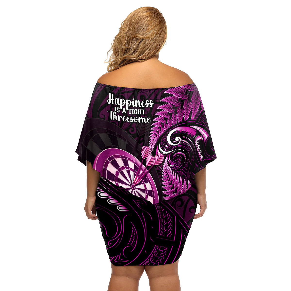 New Zealand Darts Family Matching Off Shoulder Short Dress and Hawaiian Shirt Happiness Is A Tight Threesome Maori Pink - Wonder Print Shop
