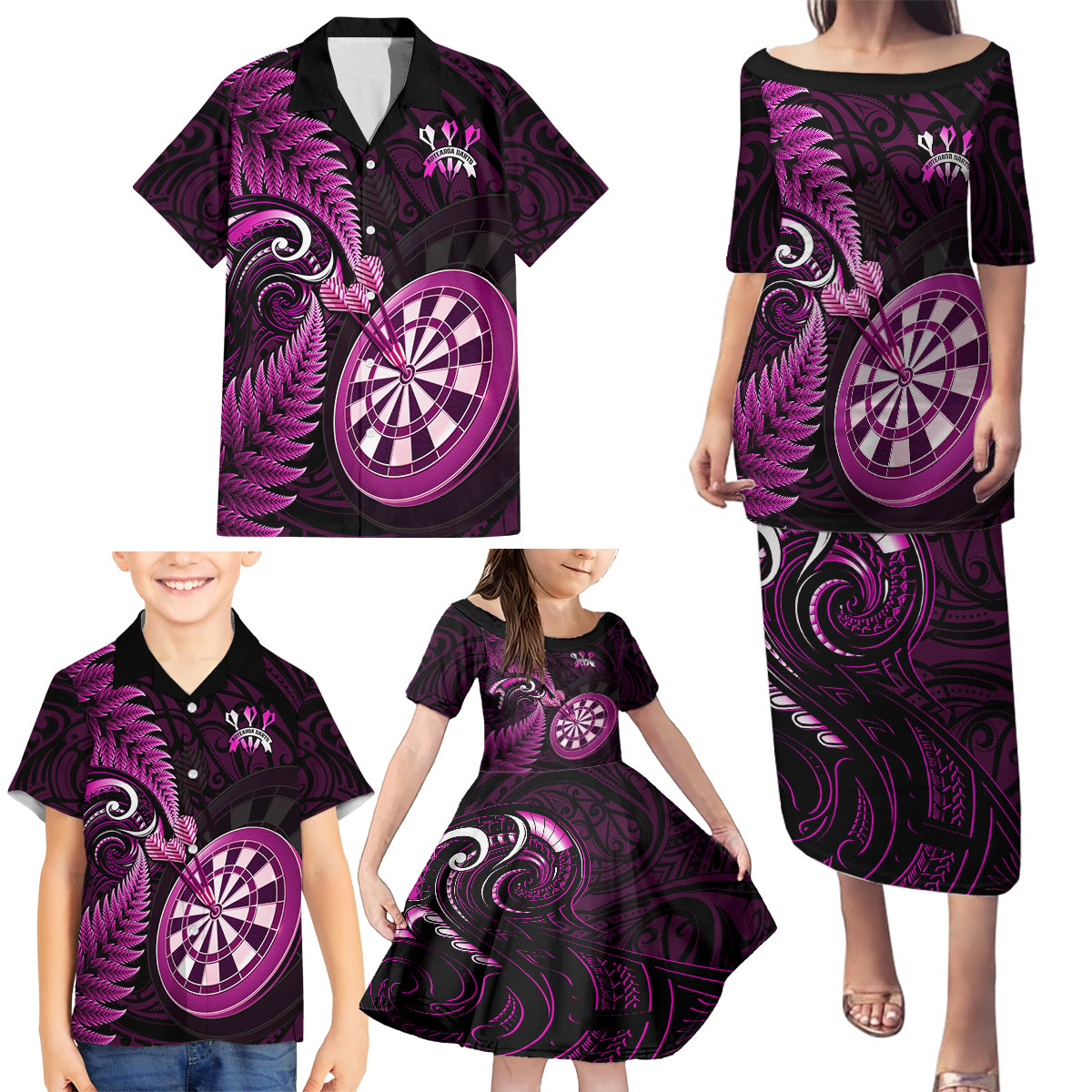 New Zealand Darts Family Matching Puletasi Dress and Hawaiian Shirt Happiness Is A Tight Threesome Maori Pink - Wonder Print Shop
