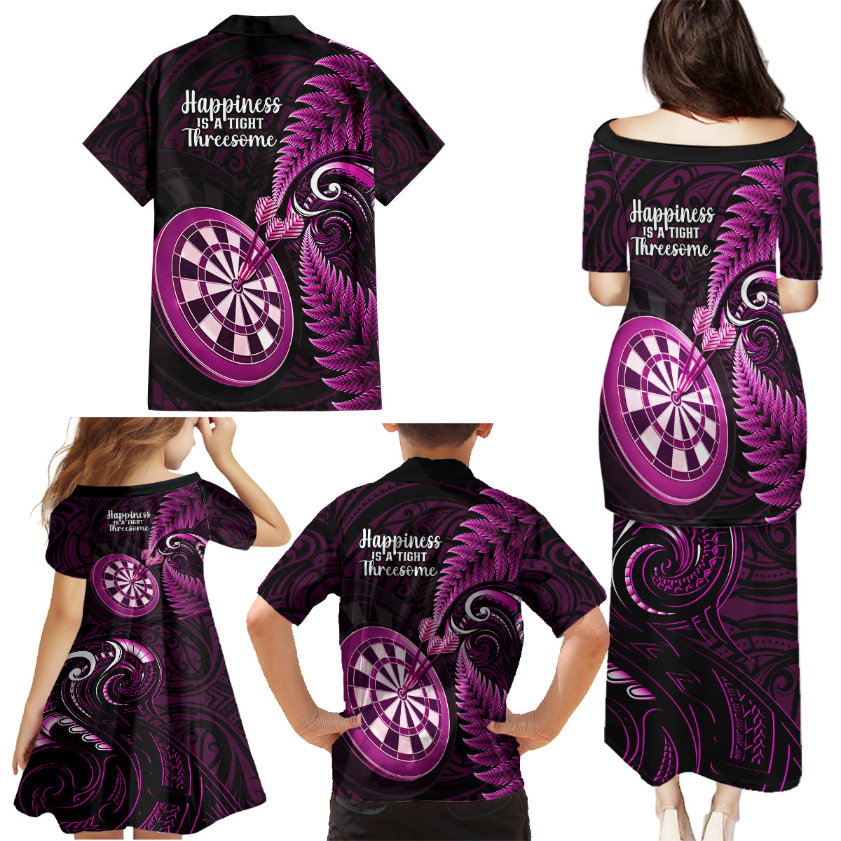 New Zealand Darts Family Matching Puletasi Dress and Hawaiian Shirt Happiness Is A Tight Threesome Maori Pink - Wonder Print Shop