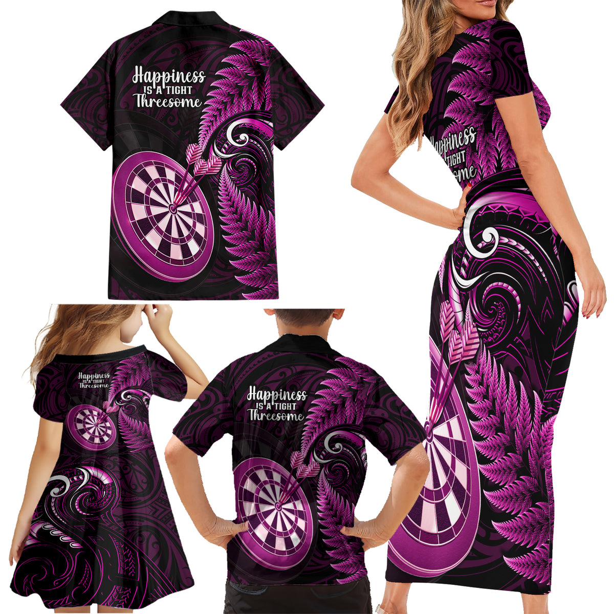 New Zealand Darts Family Matching Short Sleeve Bodycon Dress and Hawaiian Shirt Happiness Is A Tight Threesome Maori Pink - Wonder Print Shop