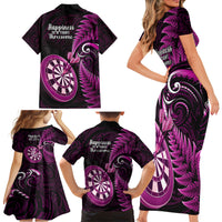 New Zealand Darts Family Matching Short Sleeve Bodycon Dress and Hawaiian Shirt Happiness Is A Tight Threesome Maori Pink - Wonder Print Shop