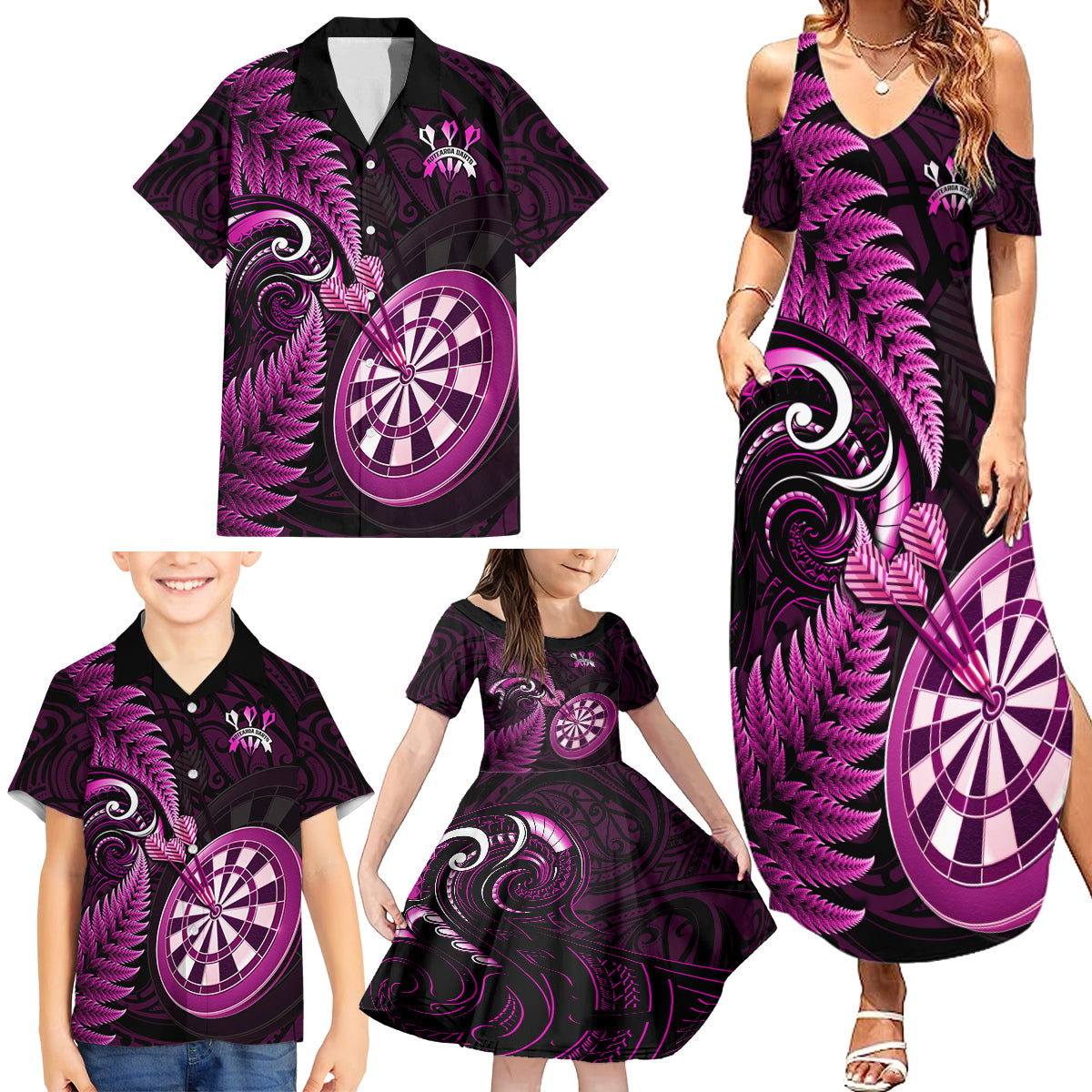 New Zealand Darts Family Matching Summer Maxi Dress and Hawaiian Shirt Happiness Is A Tight Threesome Maori Pink - Wonder Print Shop