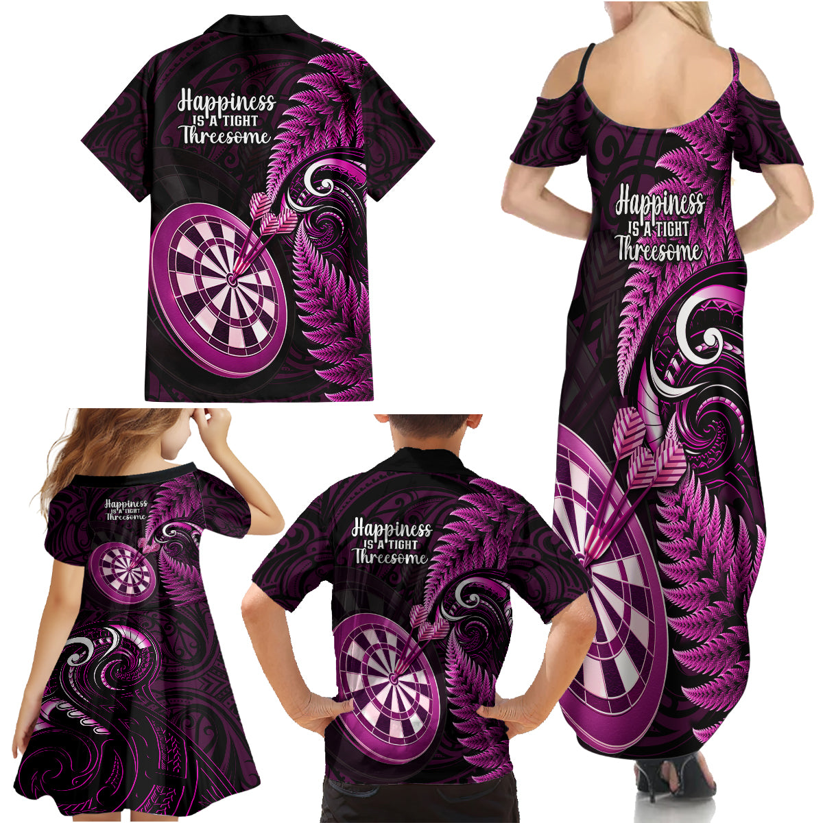 New Zealand Darts Family Matching Summer Maxi Dress and Hawaiian Shirt Happiness Is A Tight Threesome Maori Pink - Wonder Print Shop